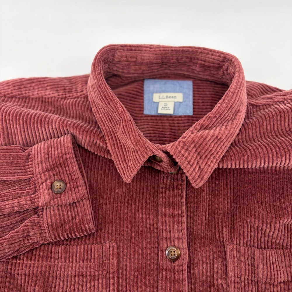 LL Bean Womens XL Burgundy Corduroy Button Down Shirt Jacket Shacket Wide Wale